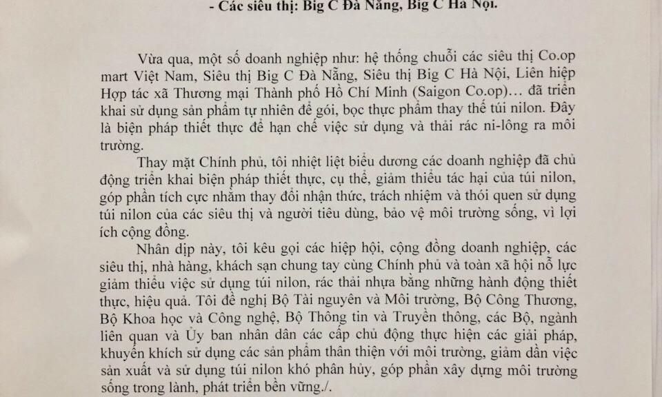 Thủ tướng biểu dương các siêu thị không dùng túi nilon đựng thực phẩm