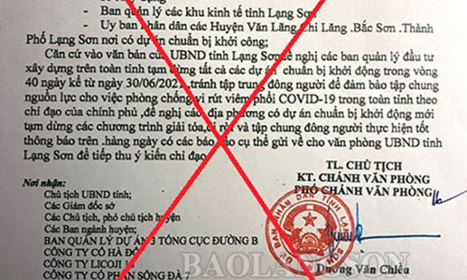 Xuất hiện văn bản giả mạo chỉ đạo của UBND tỉnh Lạng Sơn