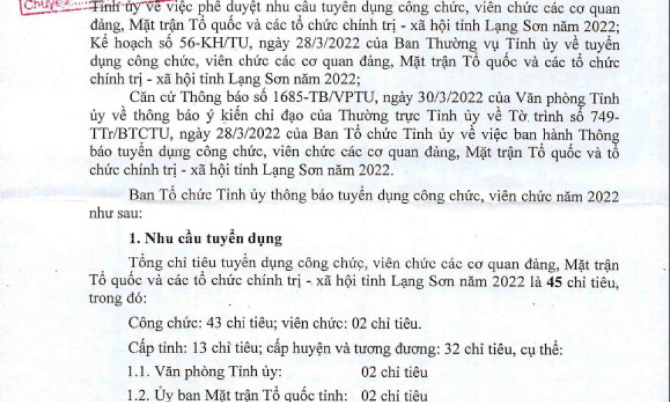 Thông báo tuyển dụng công chức, viên chức các cơ quan đảng, Mặt trận Tổ quốc và tổ chức chính trị - xã