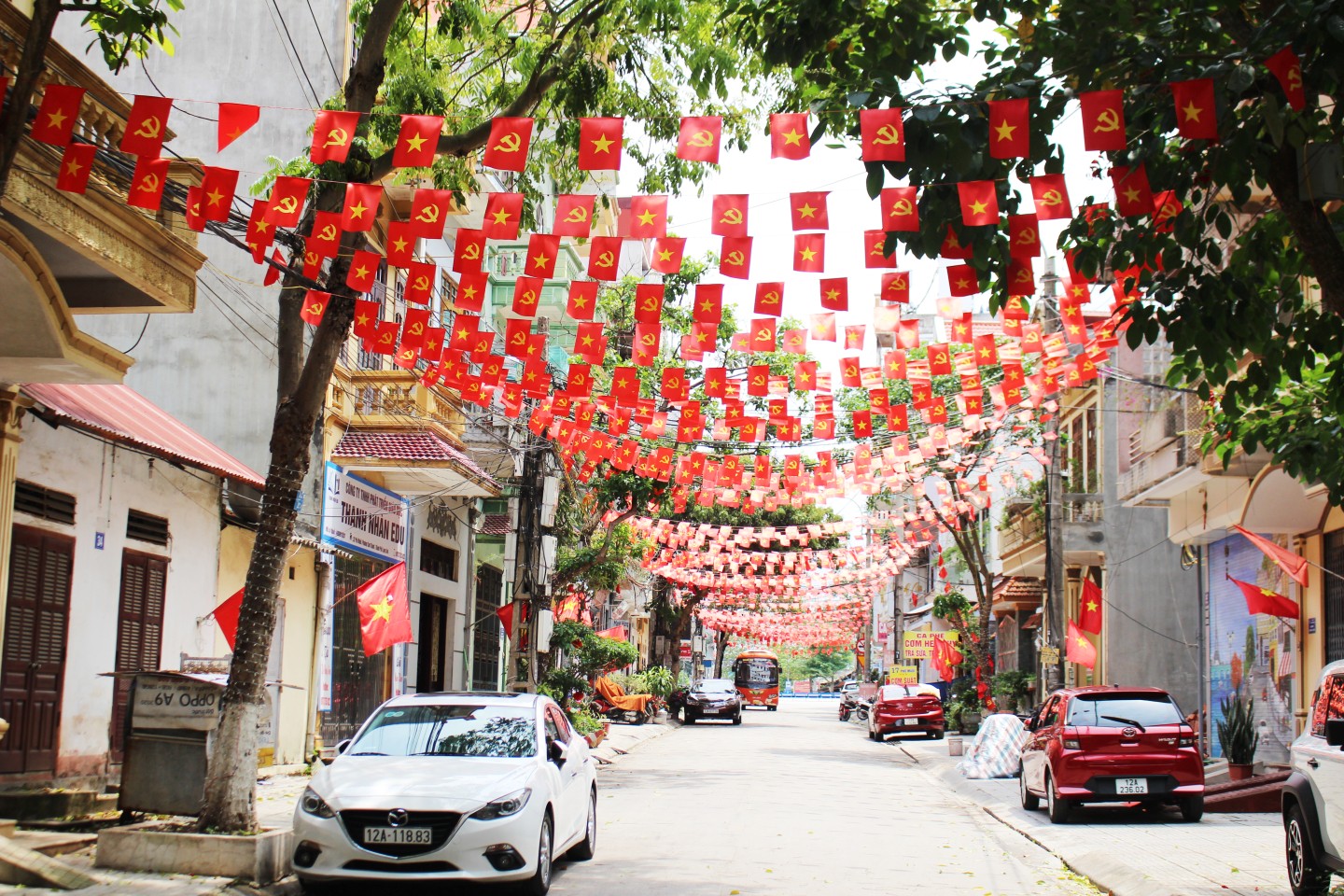 Nhiều hộ dân tại các khu dân cư trên địa bàn tỉnh đã xã hội hóa để trang trí tuyến phố với cờ Đảng, cờ đỏ sao vàng, tạo nên không gian rực rỡ, đẹp mắt. Tiêu biểu như đường Phố Muối (trong ảnh), đường Lê Lai, đường Cửa Nam...
